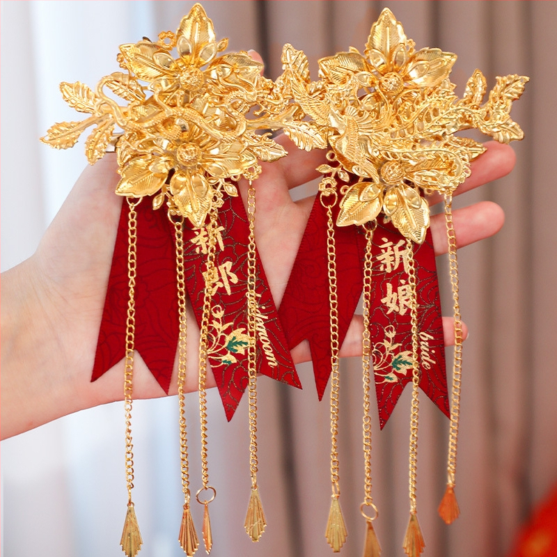 Pora vestuvinių corsage su drakono ir fenikso motyvais, jaunikiui ir nuotakai, kiniško stiliaus pilnas komplektas