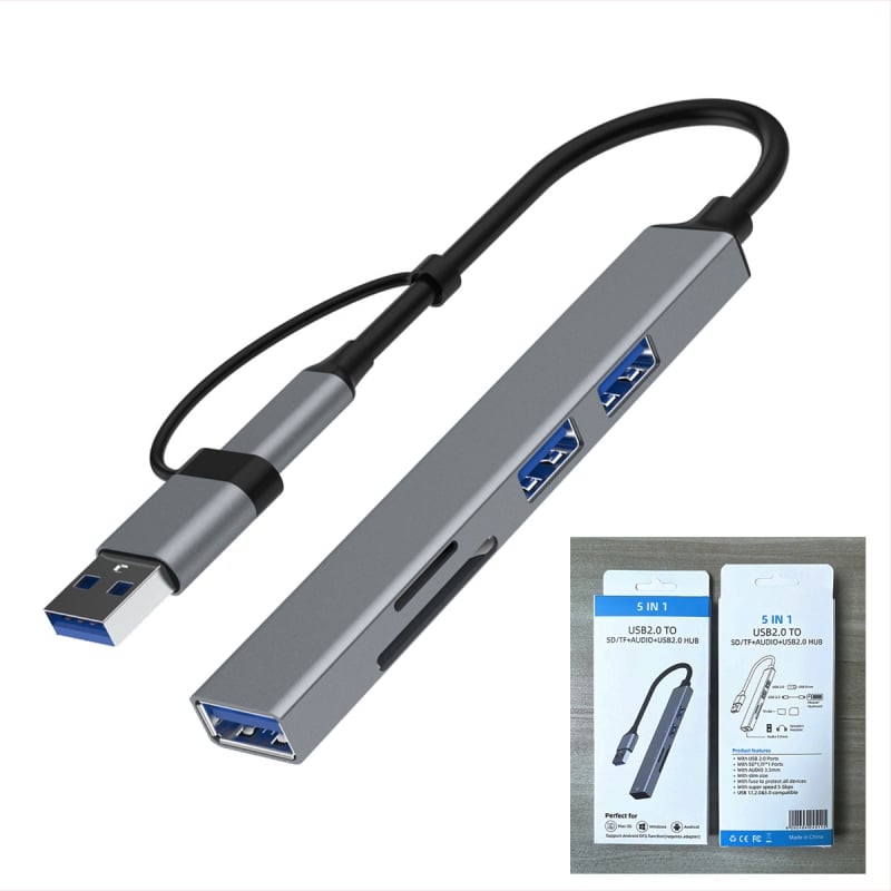 Hliníková zliatina päť v jednom USB-C docking station s čítačkou kariet DP-36-3 USB 2.0×2 / USB 3.0×1