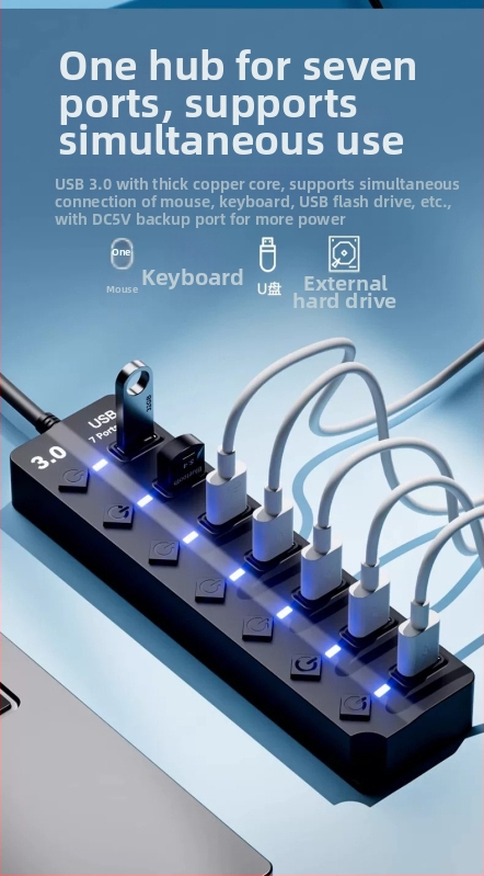 USB 3.0 hub JR07, 7 portov, 30 cm kábel, bez externého napájania, rýchlosť prenosu 5GB