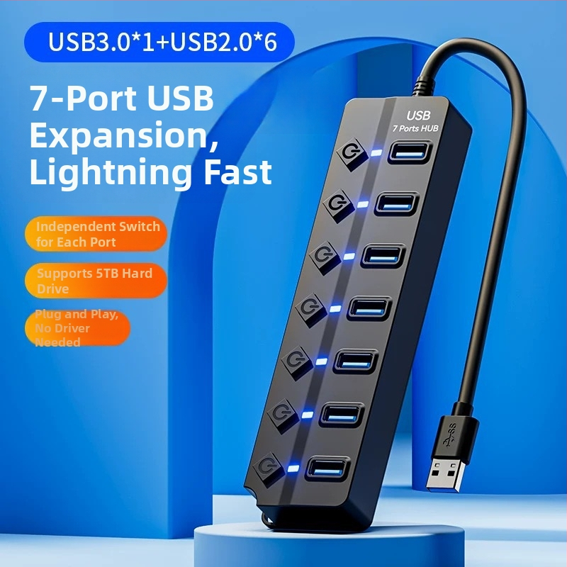 USB 3.0 hub JR07, 7 portov, 30 cm kábel, bez externého napájania, rýchlosť prenosu 5GB