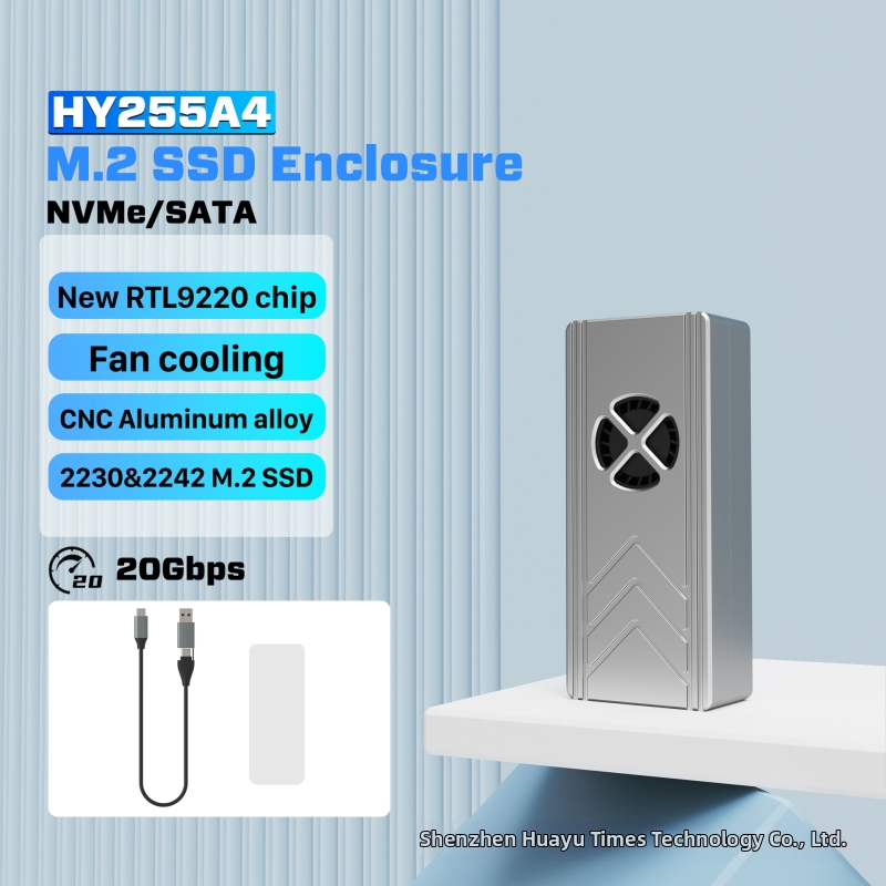 M.2 външна кутия за SSD с турбовентилатор за охлаждане, 20 Gbps интерфейс, поддържа до 4 TB, турбовентилатор 2500 rpm, алуминиев въздуховод за охлаждане, метална конструкция