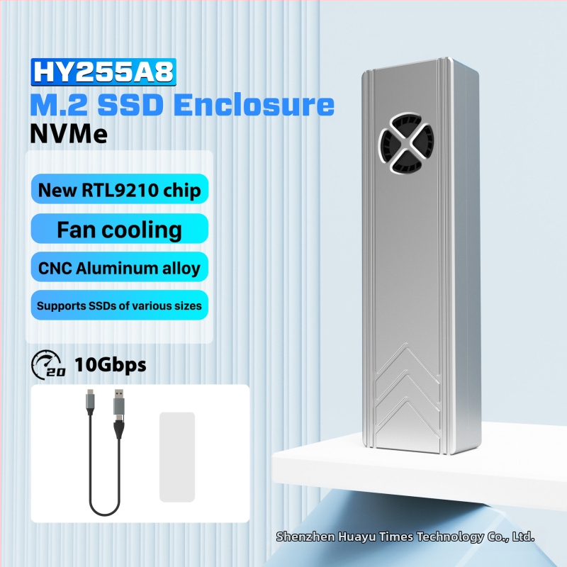 M.2 външна кутия за SSD с турбовентилатор за охлаждане, 20 Gbps интерфейс, поддържа до 4 TB, турбовентилатор 2500 rpm, алуминиев въздуховод за охлаждане, метална конструкция