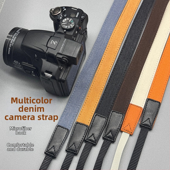Popruh na fotoaparát - retro denim, diagonálne nastaviteľný, univerzálny model; kompatibilný s Canon, Fuji, Polaroid a ďalšími kamerami