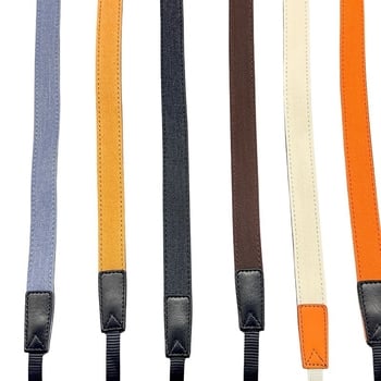 Popruh na fotoaparát - retro denim, diagonálne nastaviteľný, univerzálny model; kompatibilný s Canon, Fuji, Polaroid a ďalšími kamerami