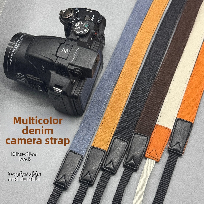 Popruh na fotoaparát - retro denim, diagonálne nastaviteľný, univerzálny model; kompatibilný s Canon, Fuji, Polaroid a ďalšími kamerami