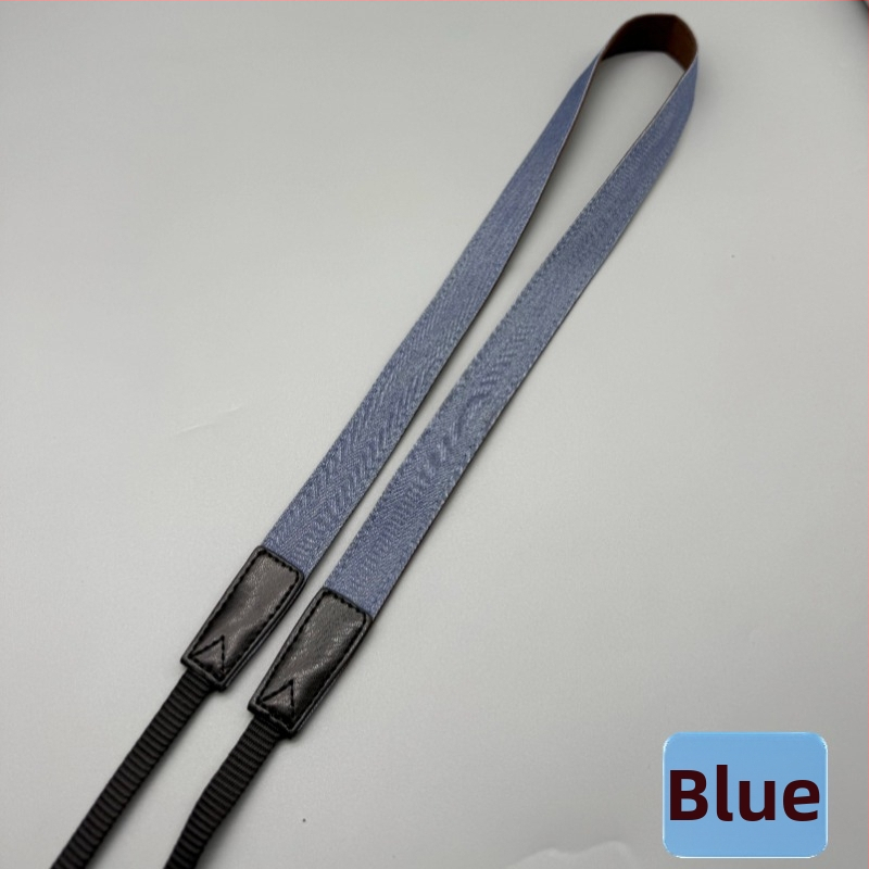 Popruh na fotoaparát - retro denim, diagonálne nastaviteľný, univerzálny model; kompatibilný s Canon, Fuji, Polaroid a ďalšími kamerami