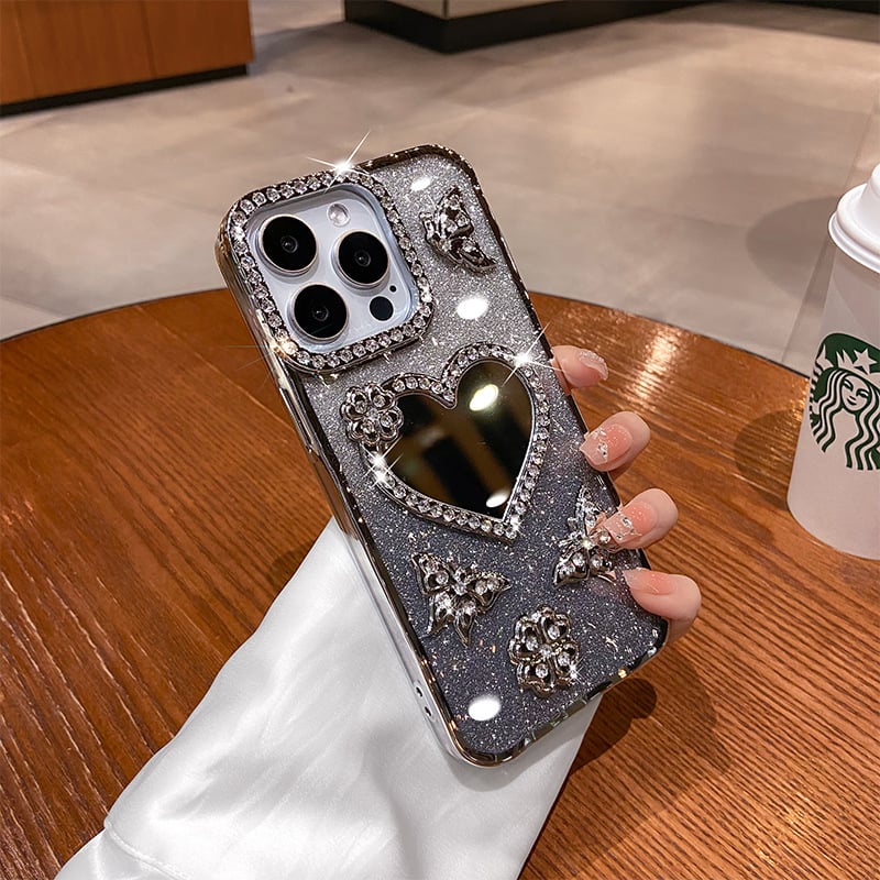 Carcasă de protecție pentru iPhone cu oglindă inimă electroplacată pentru iPhone 11/12/13/14 Pro/Max — TPU, electroplating, anti-alunecare, disipare de căldură, protecție la cădere