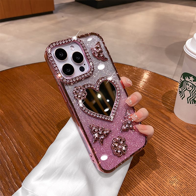 Carcasă de protecție pentru iPhone cu oglindă inimă electroplacată pentru iPhone 11/12/13/14 Pro/Max — TPU, electroplating, anti-alunecare, disipare de căldură, protecție la cădere