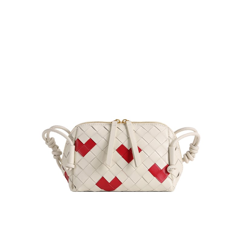 Geantă din piele naturală, design țesut din piele de miel, formă orizontală pătrată, deschidere acoperită, buzunar intern cu fermoar