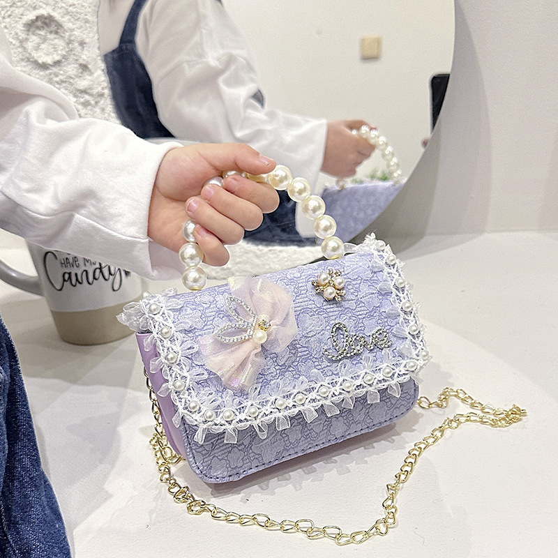 Geantă mică crossbody pentru copii cu perle, imprimeu Elsa, țesătură din lână, Vara 2024