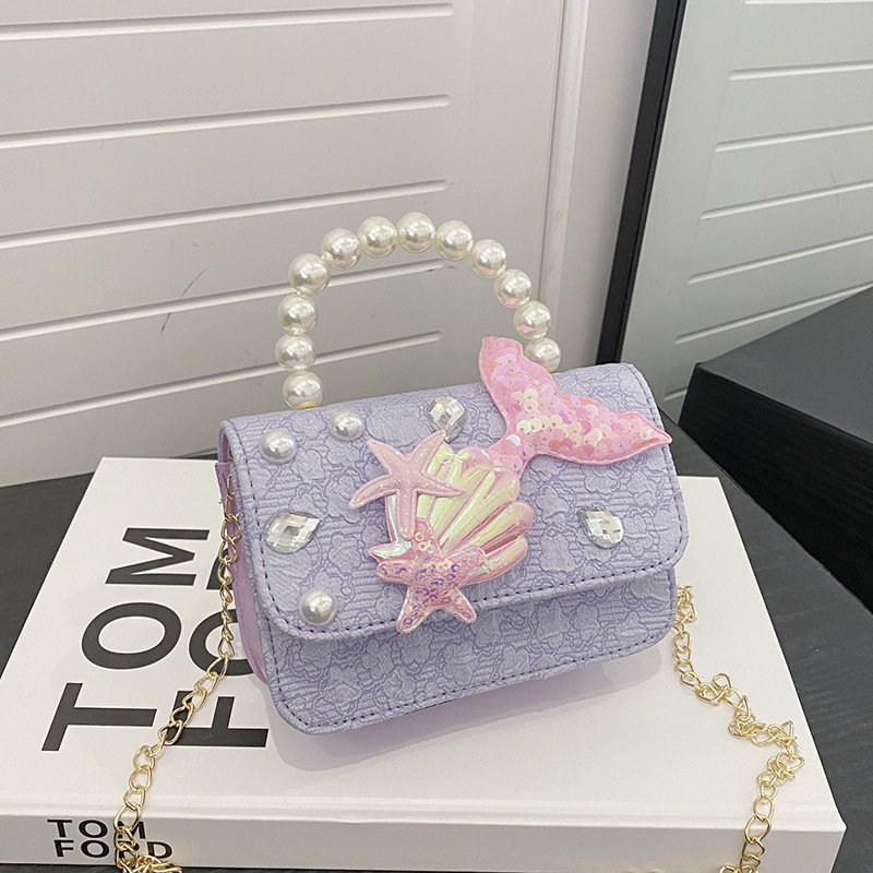 Geantă mică crossbody pentru copii cu perle, imprimeu Elsa, țesătură din lână, Vara 2024