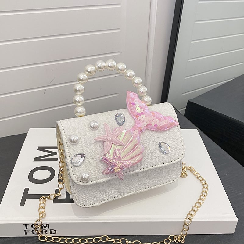 Geantă mică crossbody pentru copii cu perle, imprimeu Elsa, țesătură din lână, Vara 2024