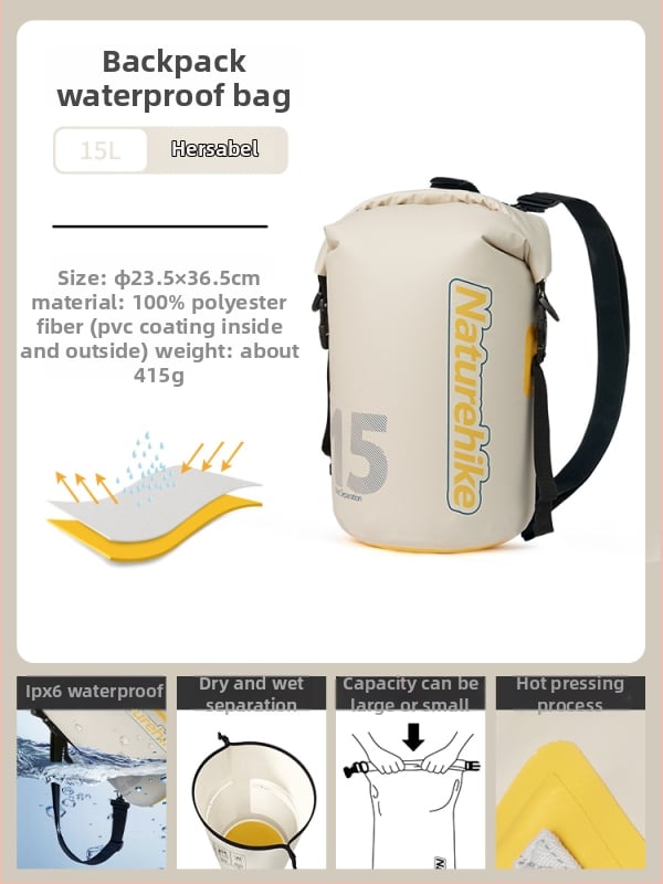 Ārējā ūdensnecaurlaidīgā soma ar sausā–mokra atdalīšanu raftingam, pludmalei, peldēšanai un niršanai — mugursomas uzglabāšanai, zīda ziedu materiāls, pavasaris 2025