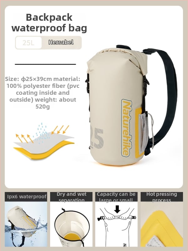 Ārējā ūdensnecaurlaidīgā soma ar sausā–mokra atdalīšanu raftingam, pludmalei, peldēšanai un niršanai — mugursomas uzglabāšanai, zīda ziedu materiāls, pavasaris 2025