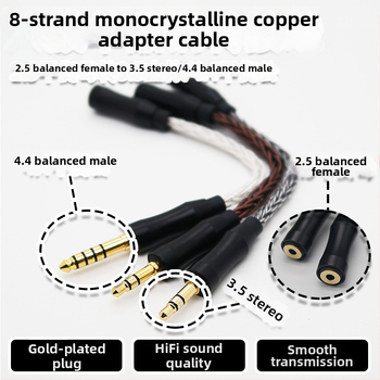 Osemvláknový jednokrystalový meďový adaptér kábel, 2.5 mm balansovaný samica na 3.5 mm stereo / 4.4 mm balansovaný samec, audiophile kábel