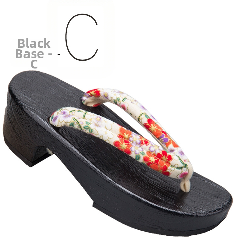 Moterų gėlių etninės klogų sandalai su medvilnine viršūne, medinė pada, kulnas 3–5 cm, stora padas 5–8 cm