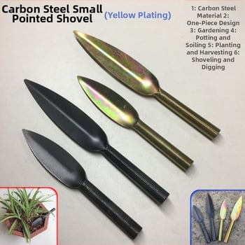 Lopată de plantare cu vârf din oțel carbon și mâner din oțel; lungimea capului 130–185 mm; lățimea capului 38–43 mm.