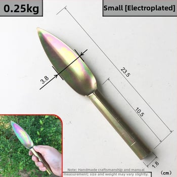 Lopată de plantare cu vârf din oțel carbon și mâner din oțel; lungimea capului 130–185 mm; lățimea capului 38–43 mm.
