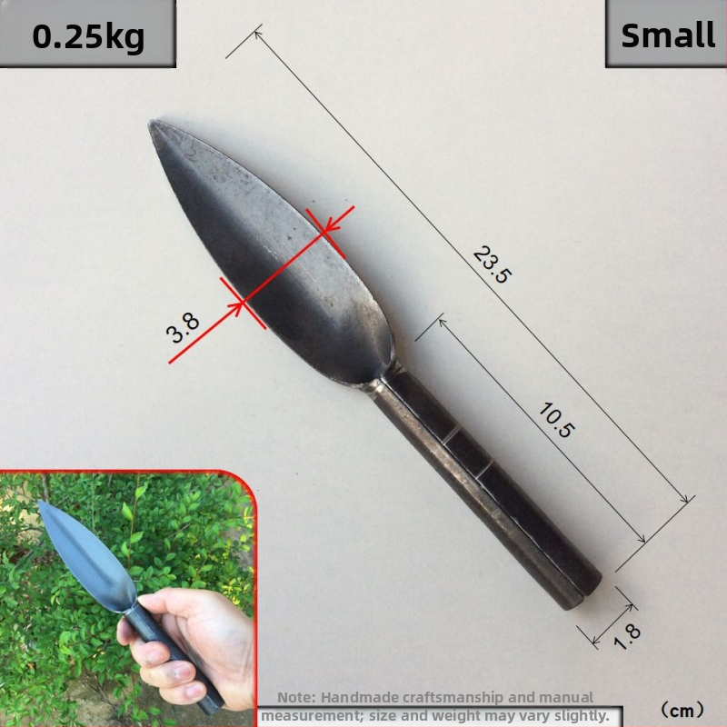 Lopată de plantare cu vârf din oțel carbon și mâner din oțel; lungimea capului 130–185 mm; lățimea capului 38–43 mm.