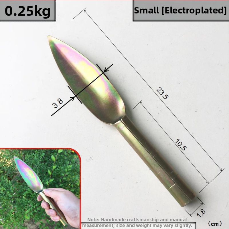 Lopată de plantare cu vârf din oțel carbon și mâner din oțel; lungimea capului 130–185 mm; lățimea capului 38–43 mm.