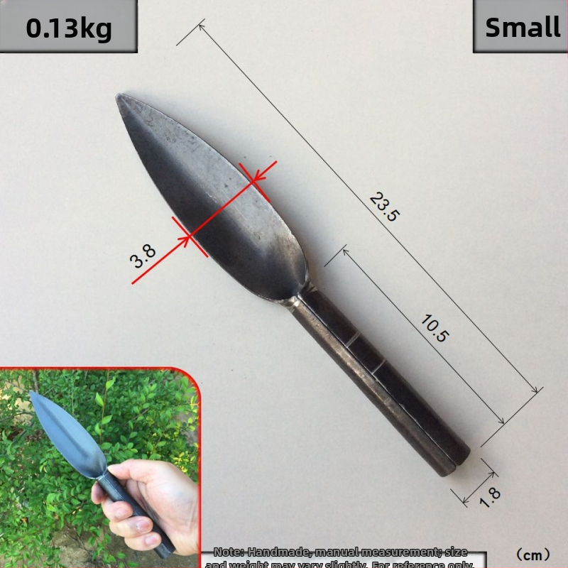 Lopată de plantare cu vârf din oțel carbon și mâner din oțel; lungimea capului 130–185 mm; lățimea capului 38–43 mm.