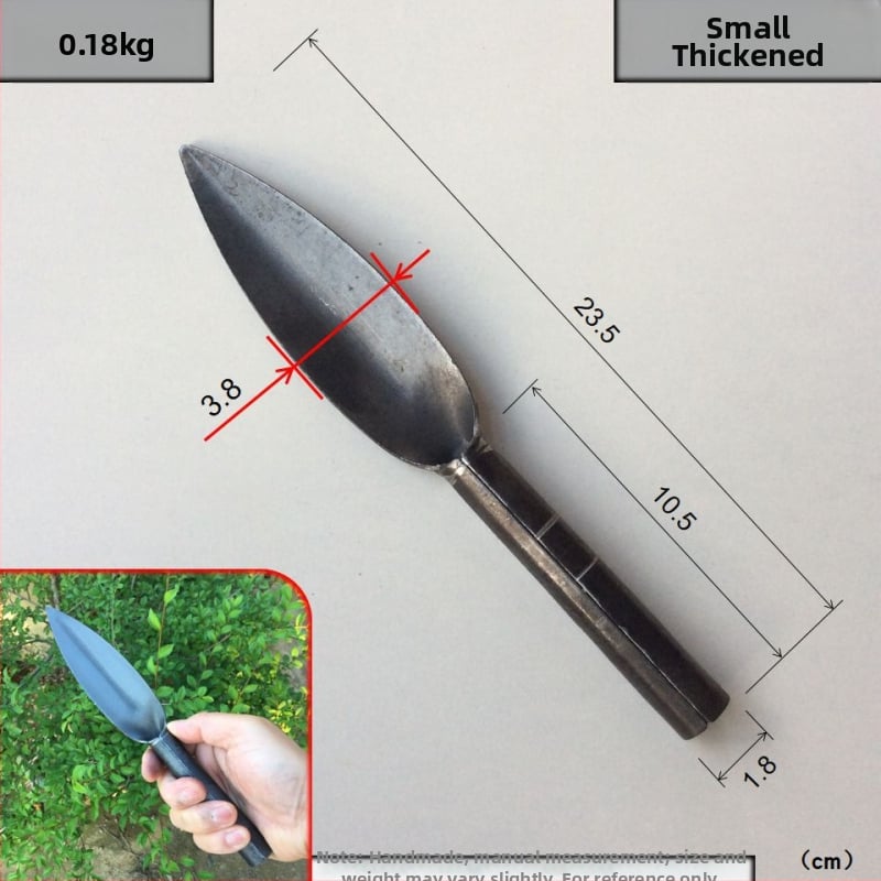 Lopată de plantare cu vârf din oțel carbon și mâner din oțel; lungimea capului 130–185 mm; lățimea capului 38–43 mm.