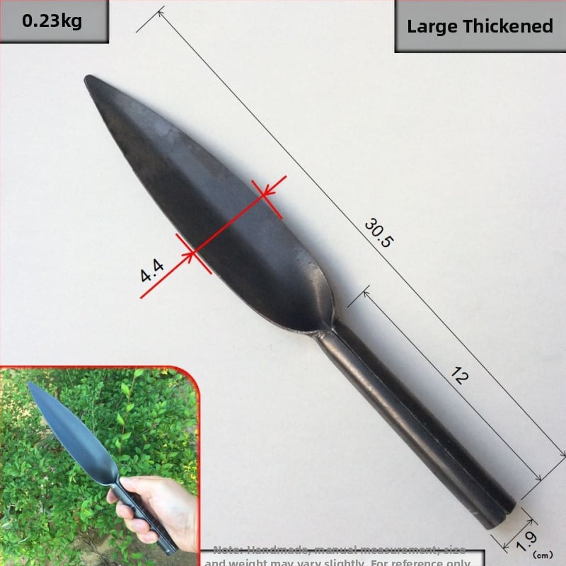 Lopată de plantare cu vârf din oțel carbon și mâner din oțel; lungimea capului 130–185 mm; lățimea capului 38–43 mm.