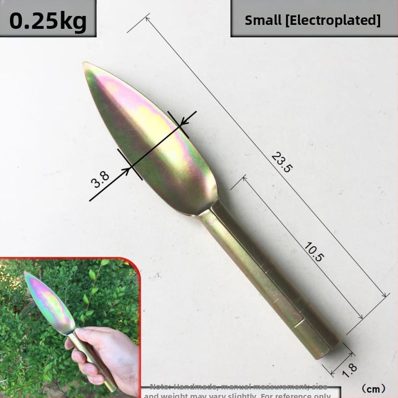 Lopată de plantare cu vârf din oțel carbon și mâner din oțel; lungimea capului 130–185 mm; lățimea capului 38–43 mm.