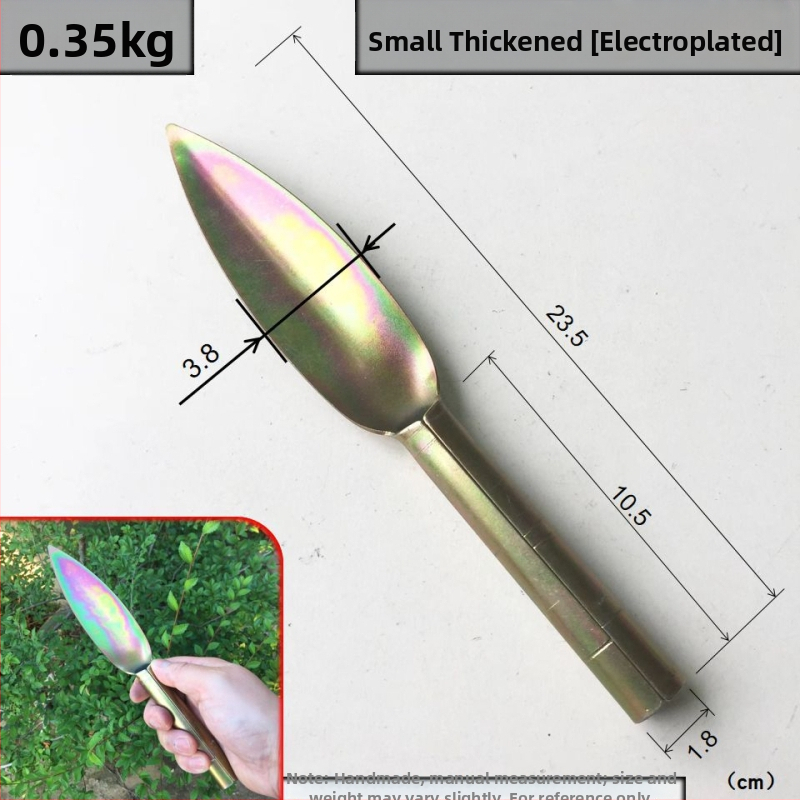 Lopată de plantare cu vârf din oțel carbon și mâner din oțel; lungimea capului 130–185 mm; lățimea capului 38–43 mm.