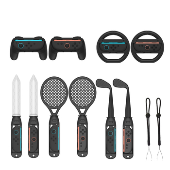 Switch2joycon set de accesorii sportive pentru NS Switch 2 – construcție ABS, 0,3 kg, set de 2 piese; include două mânere, două volane, șase prinderi, două săbii, două crose de golf, două rachete de tenis și două șnururi.