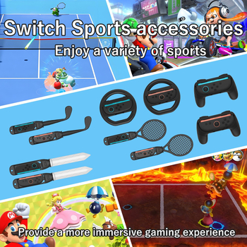 Switch2joycon set de accesorii sportive pentru NS Switch 2 – construcție ABS, 0,3 kg, set de 2 piese; include două mânere, două volane, șase prinderi, două săbii, două crose de golf, două rachete de tenis și două șnururi.