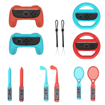 Switch2joycon set de accesorii sportive pentru NS Switch 2 – construcție ABS, 0,3 kg, set de 2 piese; include două mânere, două volane, șase prinderi, două săbii, două crose de golf, două rachete de tenis și două șnururi.
