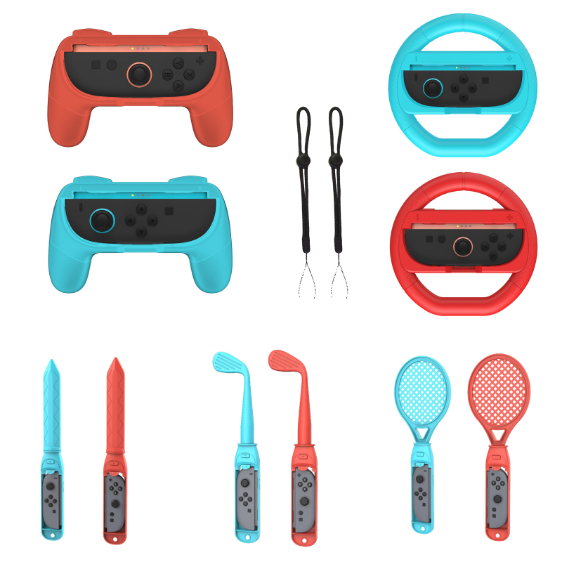 Switch2joycon set de accesorii sportive pentru NS Switch 2 – construcție ABS, 0,3 kg, set de 2 piese; include două mânere, două volane, șase prinderi, două săbii, două crose de golf, două rachete de tenis și două șnururi.