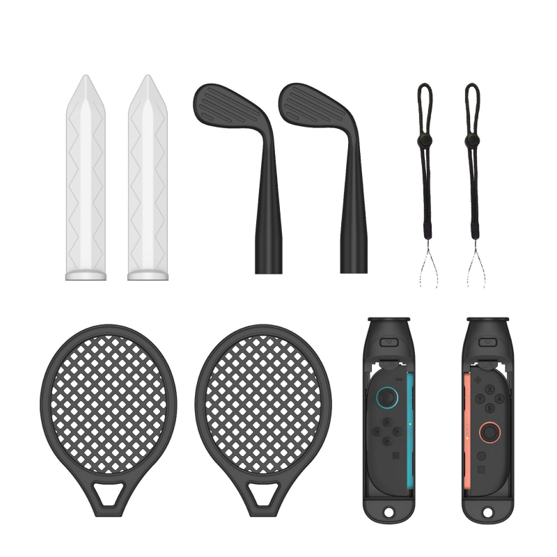Switch2joycon set de accesorii sportive pentru NS Switch 2 – construcție ABS, 0,3 kg, set de 2 piese; include două mânere, două volane, șase prinderi, două săbii, două crose de golf, două rachete de tenis și două șnururi.