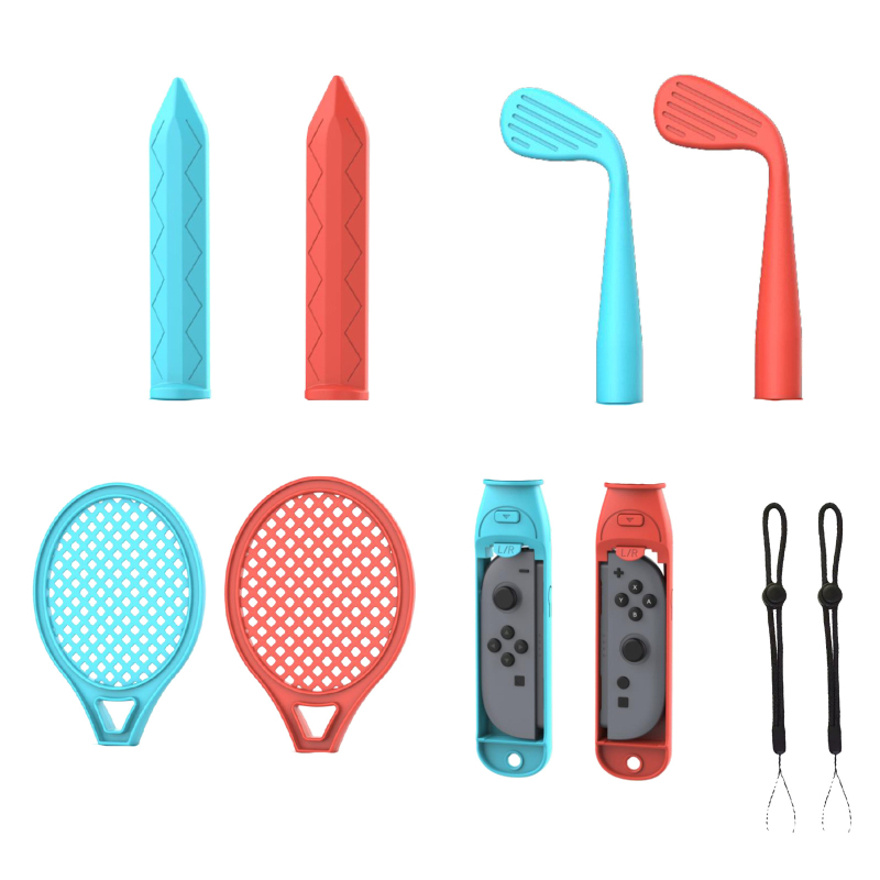 Switch2joycon set de accesorii sportive pentru NS Switch 2 – construcție ABS, 0,3 kg, set de 2 piese; include două mânere, două volane, șase prinderi, două săbii, două crose de golf, două rachete de tenis și două șnururi.