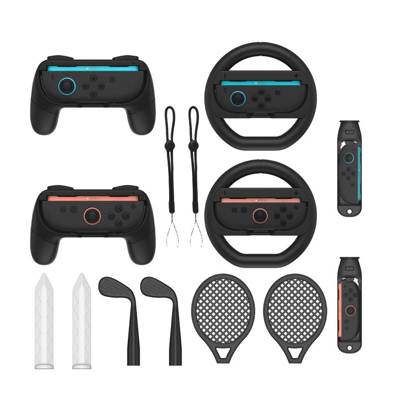 Switch2joycon set de accesorii sportive pentru NS Switch 2 – construcție ABS, 0,3 kg, set de 2 piese; include două mânere, două volane, șase prinderi, două săbii, două crose de golf, două rachete de tenis și două șnururi.