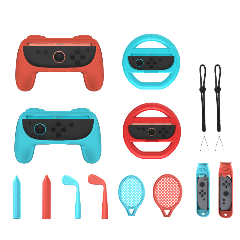 Switch2joycon set de accesorii sportive pentru NS Switch 2 – construcție ABS, 0,3 kg, set de 2 piese; include două mânere, două volane, șase prinderi, două săbii, două crose de golf, două rachete de tenis și două șnururi.