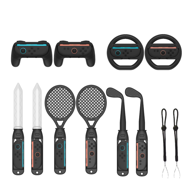 Switch2joycon set de accesorii sportive pentru NS Switch 2 – construcție ABS, 0,3 kg, set de 2 piese; include două mânere, două volane, șase prinderi, două săbii, două crose de golf, două rachete de tenis și două șnururi.