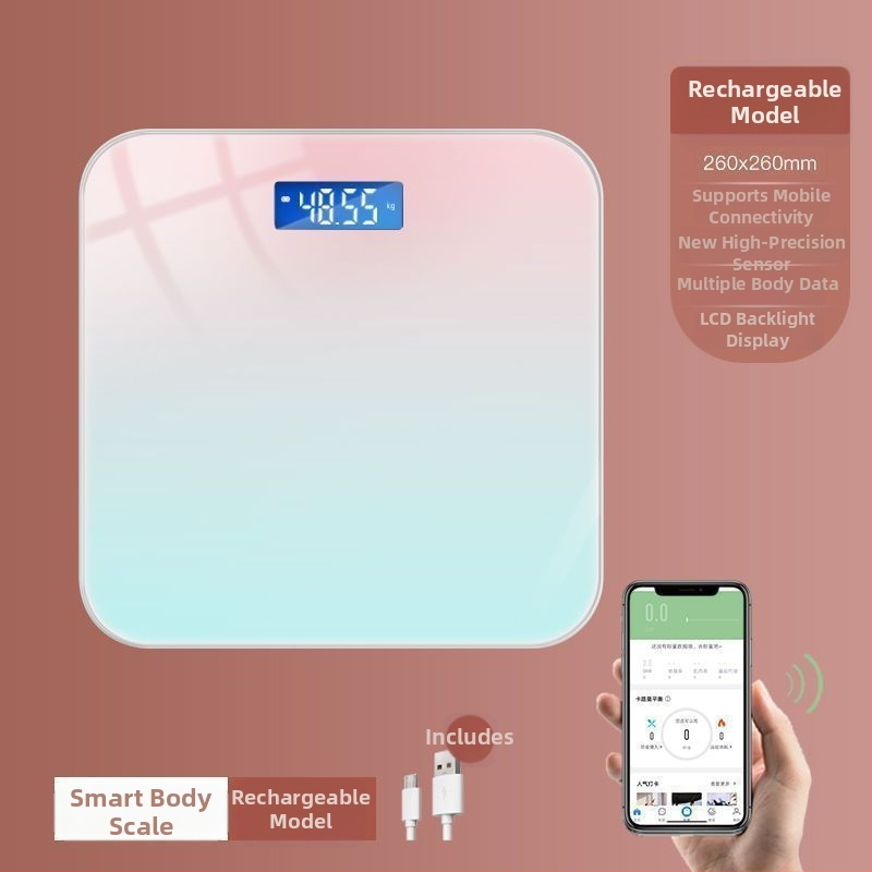 Cântar de uz casnic reîncărcabil pentru greutate și masurarea grăsimii corporale, pentru adulți, cântar digital inteligent cu afișaj gradient, 180 kg capacitate