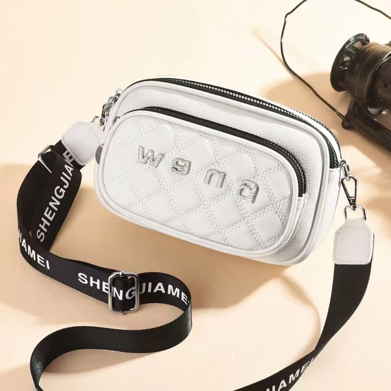 Geantă crossbody, formă pătrată, quilting diamant, broderie, piele PU moale, buzunar intern cu fermoar