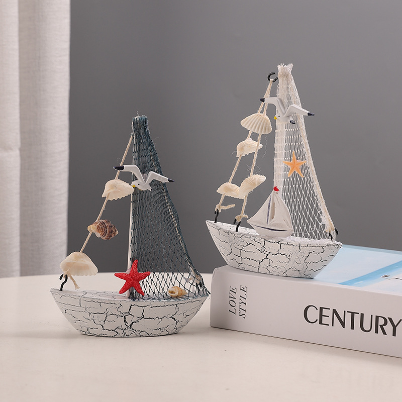 Mini model broda u mediteranskom stilu od sintetičke smole, marka Suojun, dekorativni komad s detaljama galeba i školjki