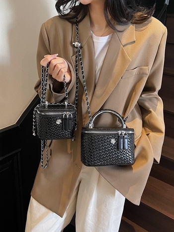 Geantă crossbody de tip cutie pentru femei, cu model țesut, PU, fermoar, capac, căptușeală poliester, o singură curea, potrivită pentru purtare zilnică, primăvara 2025.