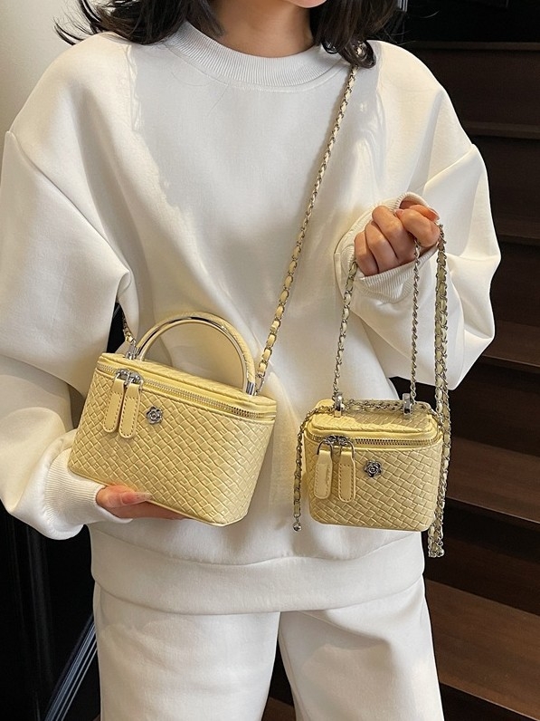 Geantă crossbody de tip cutie pentru femei, cu model țesut, PU, fermoar, capac, căptușeală poliester, o singură curea, potrivită pentru purtare zilnică, primăvara 2025.