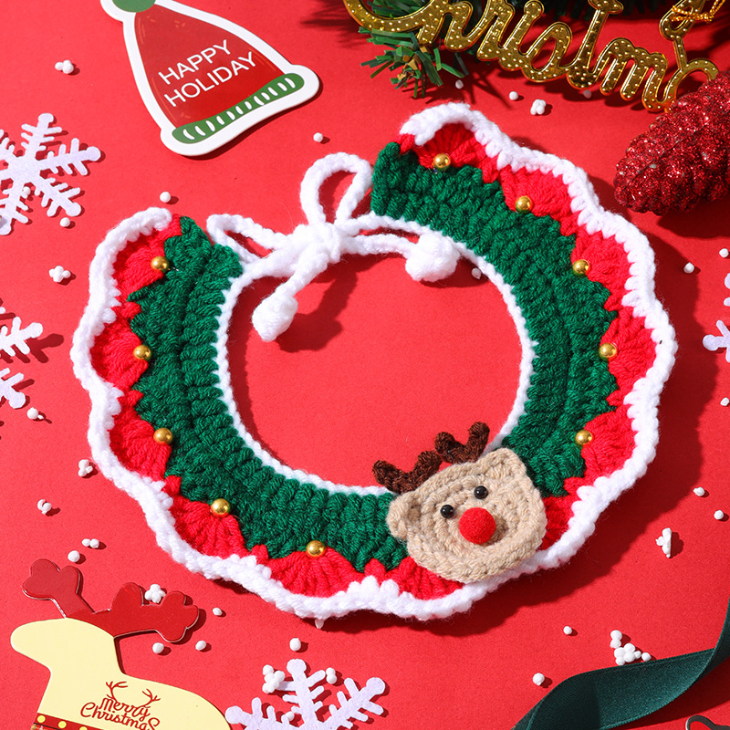 Colier-bib de Crăciun pentru pisici, reglabil, tricotat, model Cartoon, material lână