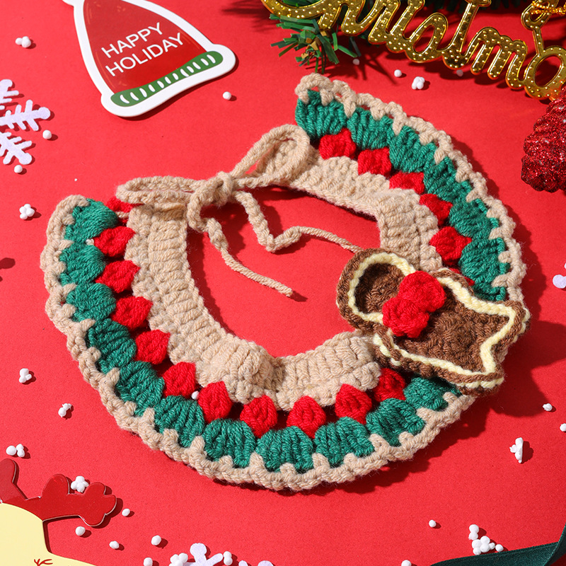 Colier-bib de Crăciun pentru pisici, reglabil, tricotat, model Cartoon, material lână