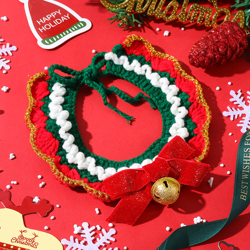 Colier-bib de Crăciun pentru pisici, reglabil, tricotat, model Cartoon, material lână