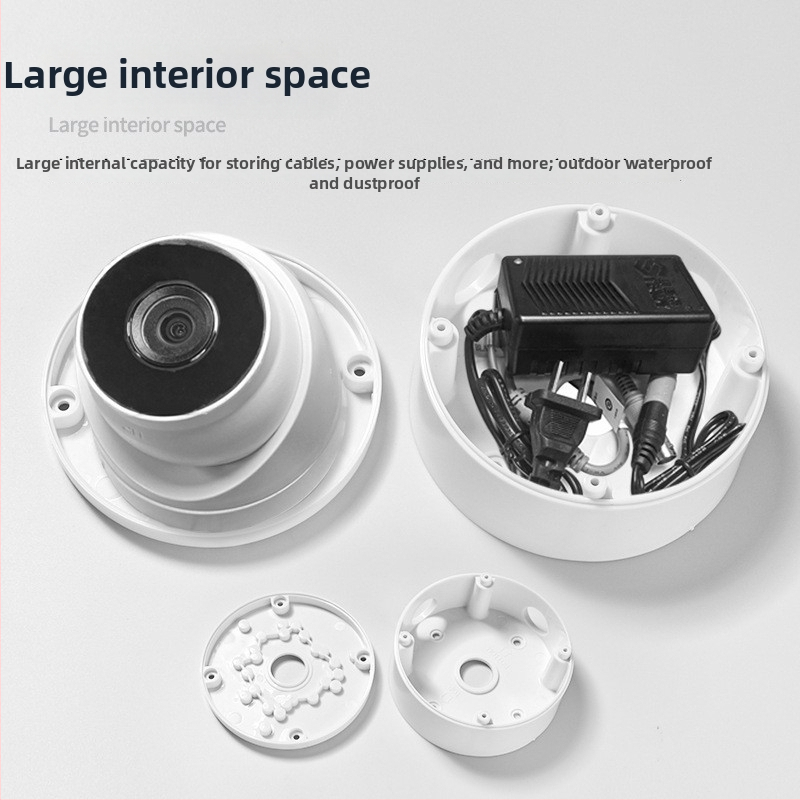 ABS plastmasas puslodes griestu montāžas stiprinājums novērošanas kamerām ar pamata plāksni un kabeļu pārvaldības kasti