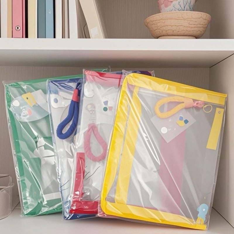 Чанта за файлове с цип, прозрачен корпус, пластмасов материал, отваряне в форма на L, подходяща за учебници и документи