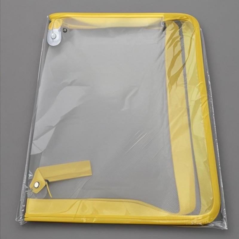 Чанта за файлове с цип, прозрачен корпус, пластмасов материал, отваряне в форма на L, подходяща за учебници и документи