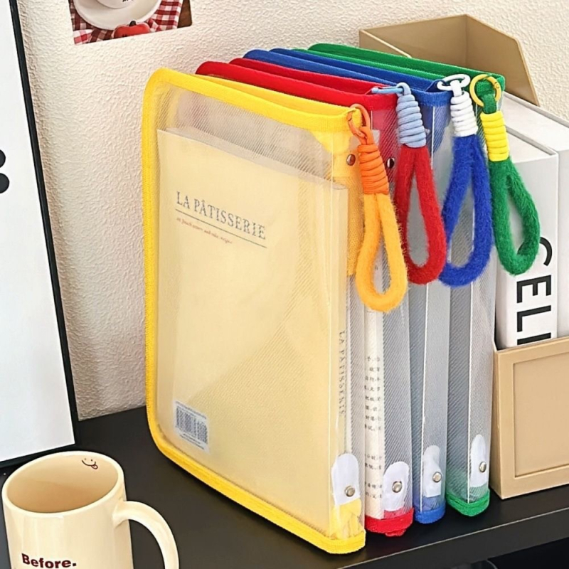 Чанта за файлове с цип, прозрачен корпус, пластмасов материал, отваряне в форма на L, подходяща за учебници и документи